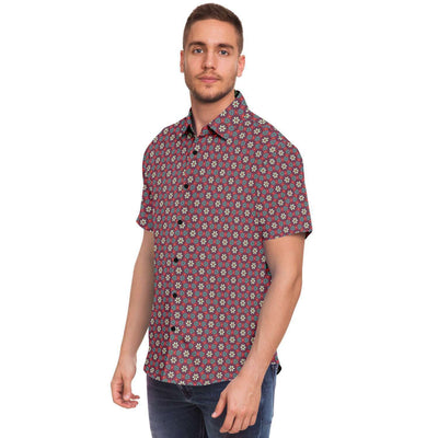 Red Teal Flowers Geometric Men's Short Sleeve Button Down Shirt - kayzers