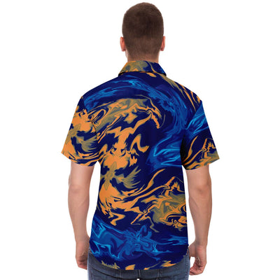 Abstract Liquid Blue Ink Yellow Print Men's Button Down Shirt - kayzers