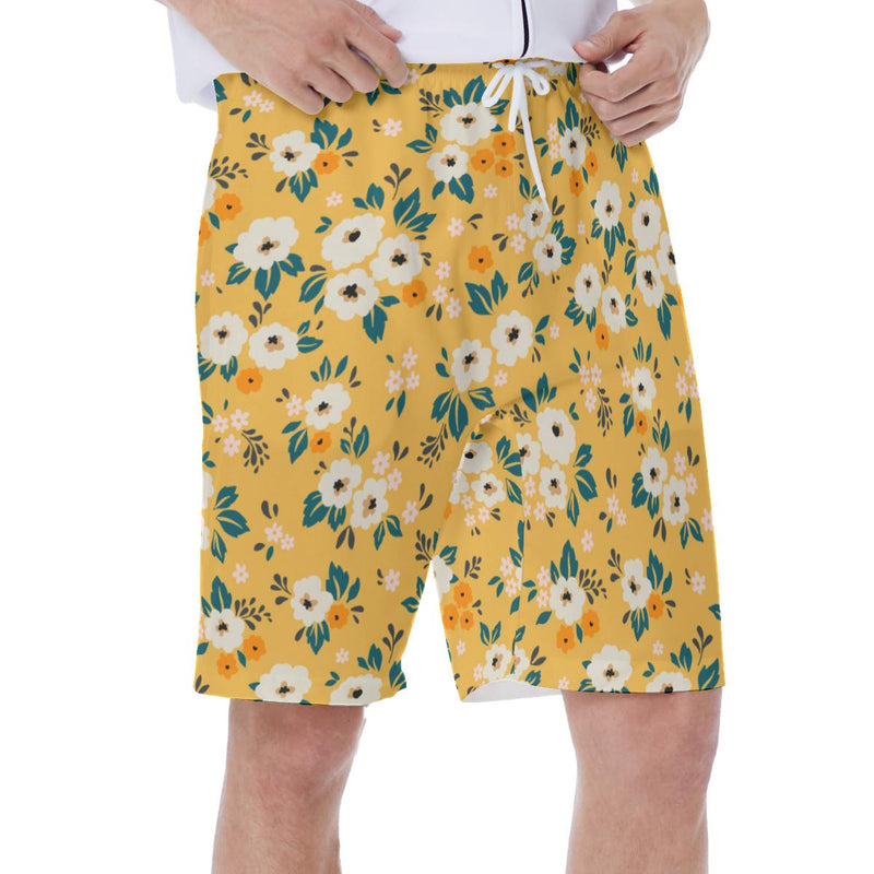 Yellow Tropical Floral Beach Print Men's Beach Shorts