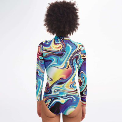 Abstract Liquid Psychedelic Rave Festival Edm Lsd Dmt Long Sleeve Bodysuit With Zipper - kayzers