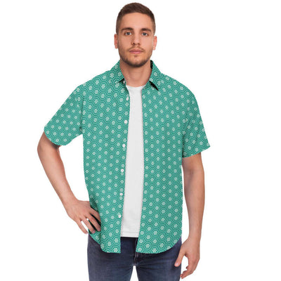 Seafoam Green Floral Geometry Print Men's Short Sleeve Button Down Shirt - kayzers