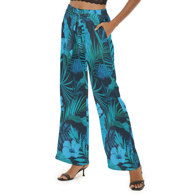 Tropical Blue Palm Montsera Leaves Floral Flowers Beach Print Women's Casual Straight-leg Pants
