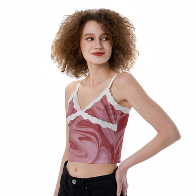 Pink Wine Red Print Women's Lace Camisole Crop Top, Abstract Liquid Cami Top With Lace