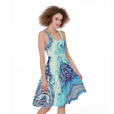 Aqua Blue Marble Pattern Print Women's Dress