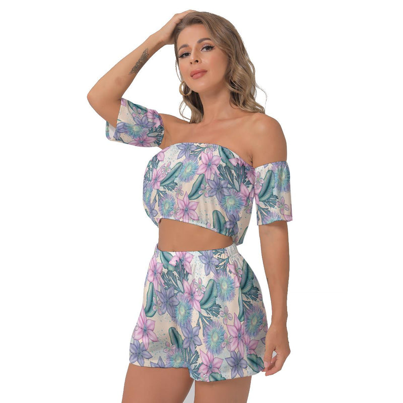 Aquatic Flowers Floral Hawaiian Beach Tropical Print Women's Off-Shoulder T-Shirt Shorts Suit Set