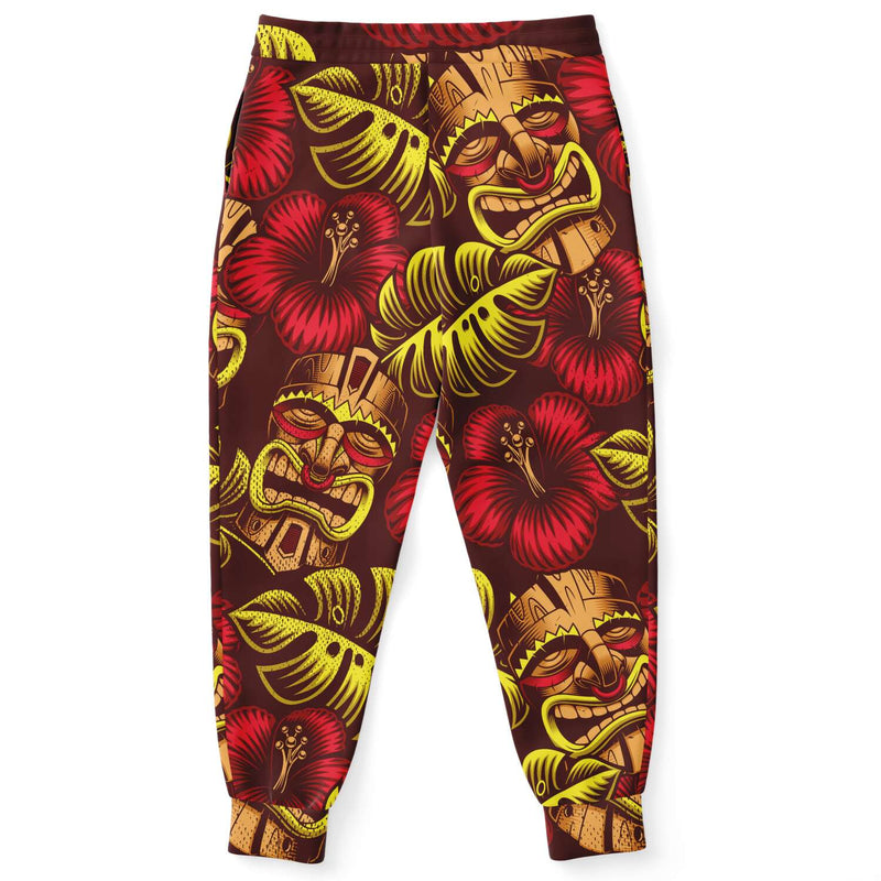 Floral Wooden Tiki Mask Unisex Joggers, Tribal Mask Pattern UnisexJoggers