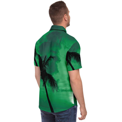 Green Palm Tree Beach Ocean Print Men's Button Down Shirt - kayzers