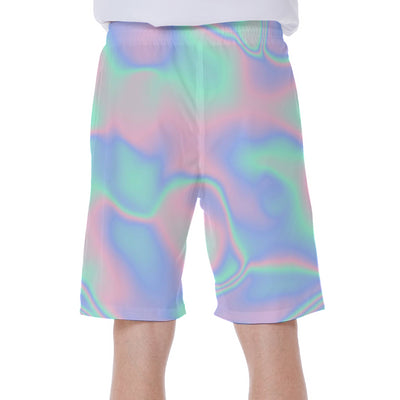 Ombre Holographic Iridescence Cotton Candy Cloud Bubble Gum Abstract Print Men's Beach Shorts - kayzers