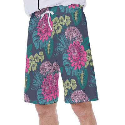 Pink Chrysanthemum Flower Tropical Floral Print Men's Beach Hawaiian Shorts