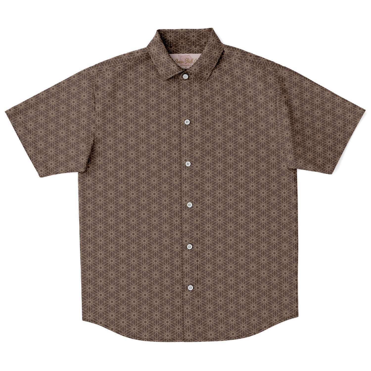 Mocha Brown Floral Geometric Men's Short Sleeve Button Down Shirt - kayzers