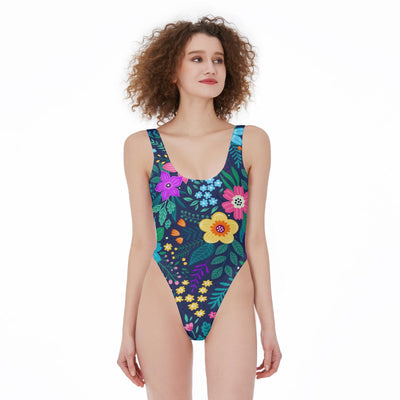 Colorful Floral Women's High Cut One-piece Swimsuit, Colorful Flowers One Pc Swimsuit