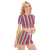 Striped Print Women's O-neck T-shirt Shorts Set, Colorful Stripes Matching Two Piece Summer Set