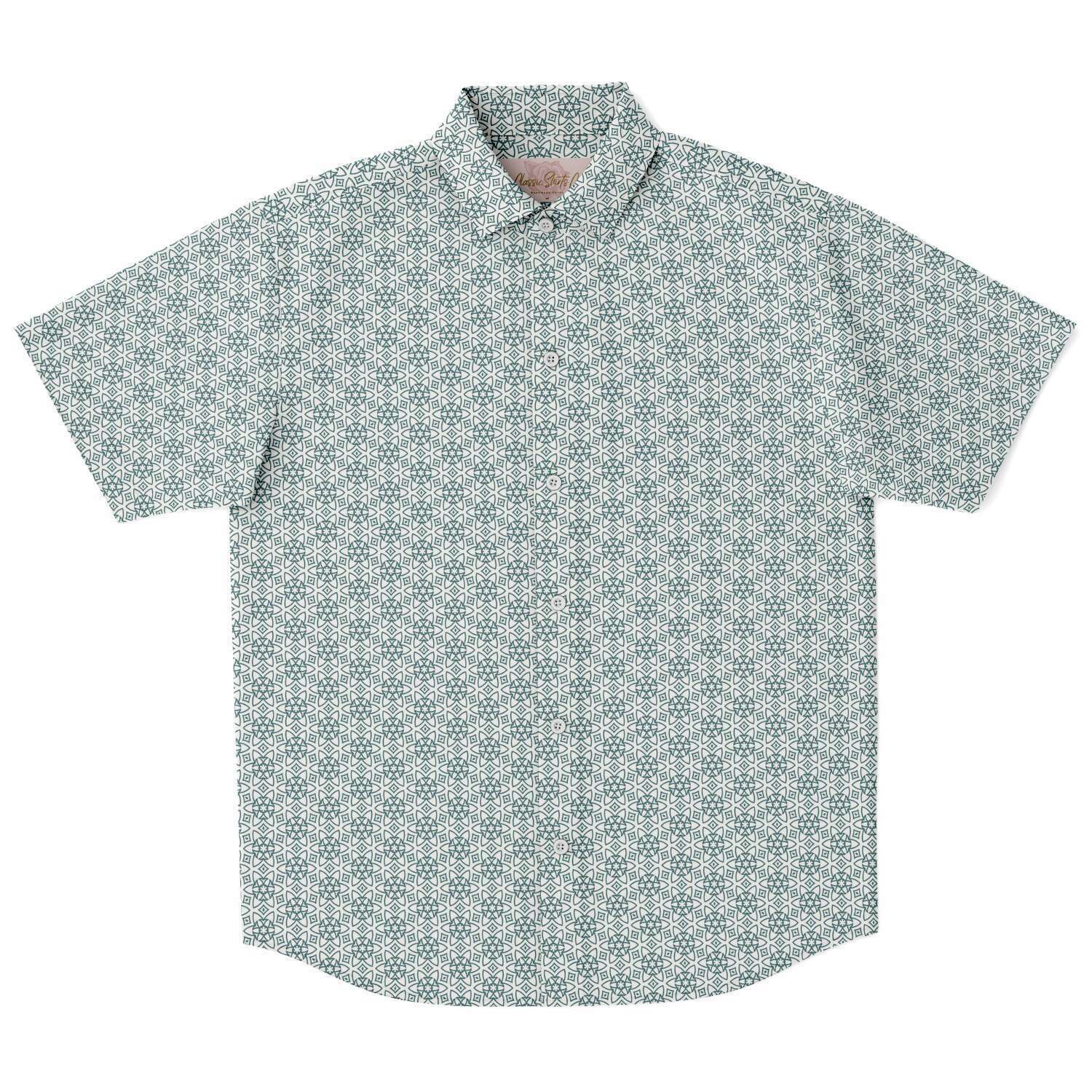 Jade Green Floral Geometric Men's Short Sleeve Button Down Shirt - kayzers