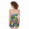 Colorful Floral Print Jumpsuit Romper Women's Suspender Shorts
