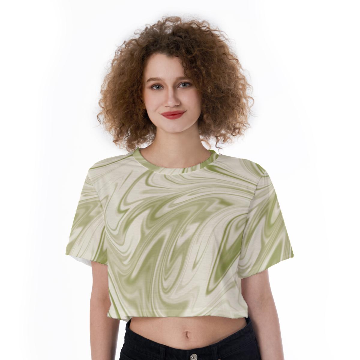 Ivory Green Liquid Waves Paint Print Cropped T-Shirt, Ivory Green Crop Top, Ivory Green Crop Tee