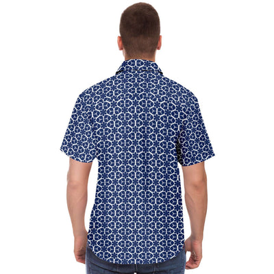 Blue Floral Geometric Print Men's Short Sleeve Button Down Shirt - kayzers