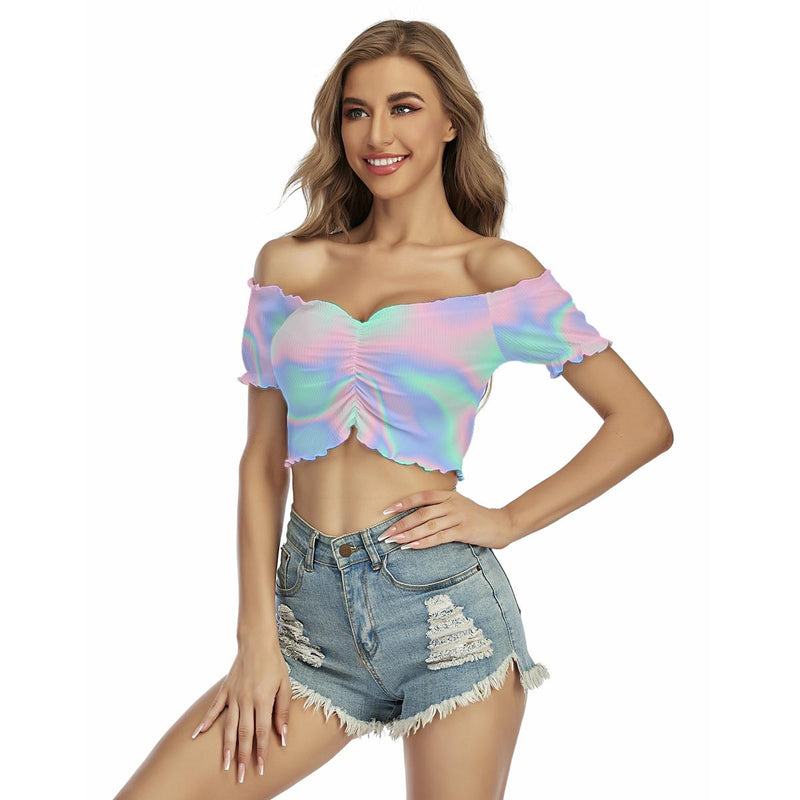 Cotton Candy Bubble Gum Abstract Iridescence Holographic Print Women's Off-Shoulder Blouse