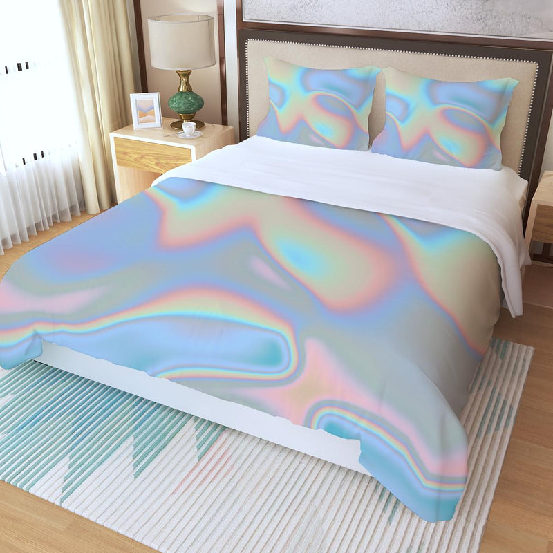 Pink Blue Ombre Holographic Iridescence Cotton Candy Bubble Gum Print Three Piece Duvet Cover Set - kayzers