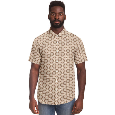 Coffee Brown Floral Geometric Print Men's Short Sleeve Button Down Shirt - kayzers
