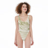 Ivory Color Swimsuit, Ivory Green Liquid Waves Paint Marble One Piece Swimsuit