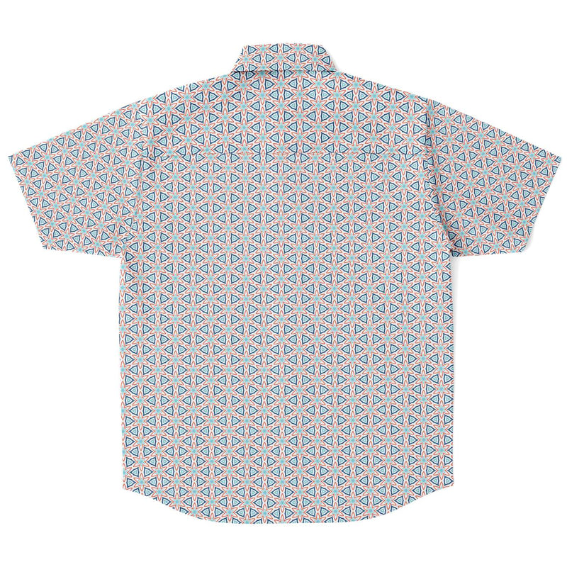 White Geometric Floral Print Men's Short Sleeve Button Down Shirt - kayzers