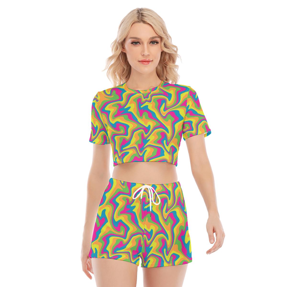 Liquid Psychedelic Paint Twirls Edm Dance Carnival Festival Print Women's O-neck T-shirt Shorts Suit