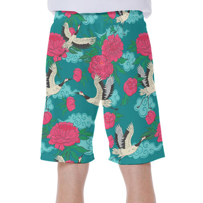 Tropical Red Flower Cranes Beach Print Hawaiian Men's Beach Shorts