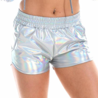 Women Metallic Shorts, Elastic Waist Shiny Hot Festival Shorts, Rave Dance Booty Shorts with Pockets, Sexy Party Club Shorts Bottoms - kayzers