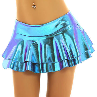 Holographic Women Pole Dance Clothing Shiny Metallic Rave Festival Outfit, Halter Crop Top Bra Vest With Faux Leather Fantasy Mini Skirt Set - kayzers