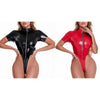 Black Women's Open Breast Latex Bodysuit, Short Sleeve Zipper Crotchless Bodysuit High Cut Leotard Patent Leather Catsuit - kayzers