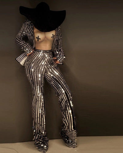 Two-piece Silver sequin Stripe jumpsuit and coat suit - kayzers