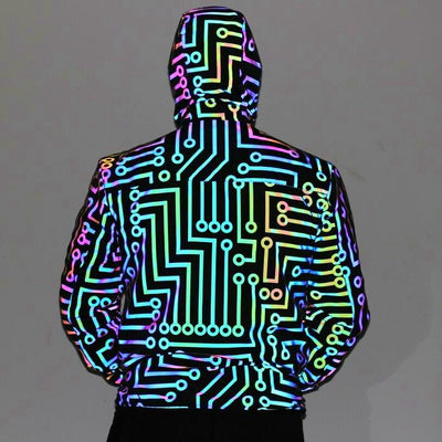 Circuit Lines Reflective Holographic Hooded Jacket, Geometric Circuit Reflective Holographic Hooded Jacket - kayzers