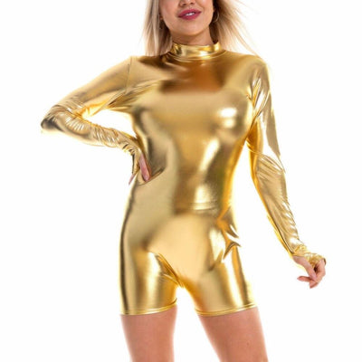 Shiny Holographic Women Playsuits, Back Zipper Turtleneck Long Sleeve Wet Look Metallic Bodysuits, Skinny Party Club Playsuits - kayzers