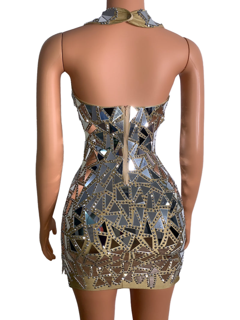 Shiny Silver Mirrors Rhinestones Sequin Party Bodycon Dress - kayzers