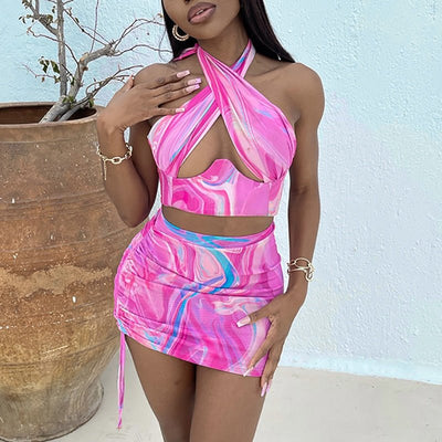 Colorful Abstract Print Two Pieces Sets Women, Summer Hollow Out Halter Sleeveless Crop Top, Bodycon Sexy Drawstring Mini Skirt - kayzers