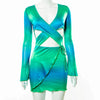 Emerald Green Tie Dye Bodycon Mesh Long Sleeve Beachwear Dress - kayzers