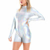 Shiny Holographic Women Playsuits, Back Zipper Turtleneck Long Sleeve Wet Look Metallic Bodysuits, Skinny Party Club Playsuits - kayzers