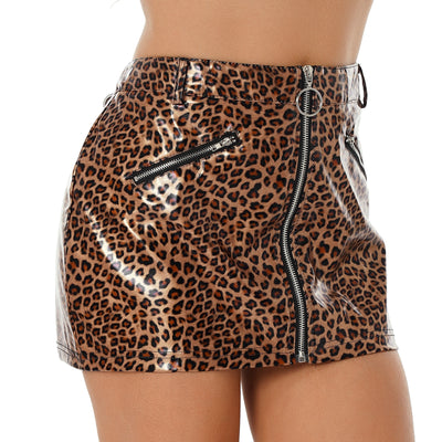 Black Women Leopard Ladies Wetlook Bodycon Mini Skirts, Stretchy Faux Leather Fake Zipper Pockets Mini Skirt Party Nightwear Clubwear - kayzers