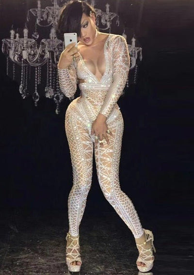 Sexy White glitter Jumpsuit womens rhinestone Costume One-piece,  Nightclub Outfit Party Wear Dance Singer Stage Performance Costume Dress - kayzers