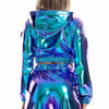 Sexy Cropped Holographic Hoodies, Women Edm Rave Festival Shiny PU Metallic Hoody Long Sleeve Short Sweatshirt with Drawstring Pullovers Streetwear - kayzers