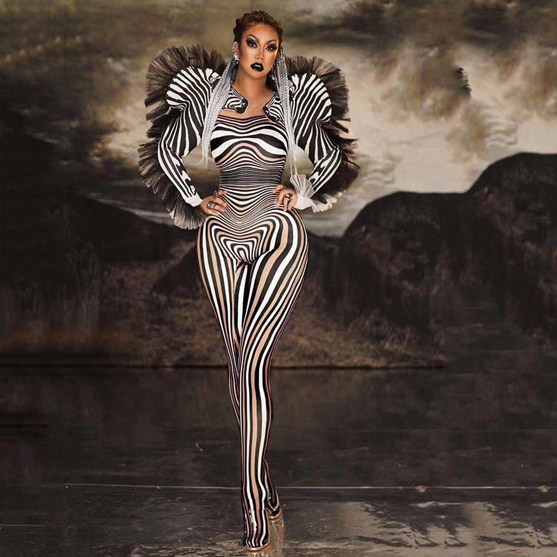 Zebra Pattern Jumpsuit Dance Cosplay Bodysuit Performance Show Costume Dress - kayzers