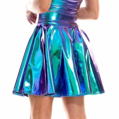 Summer Sexy Laser High Waist Mini PU Leather Skirt,  Club Party Dance Shiny Holographic Skirts, Harajuku Metallic Pleated Skirts - kayzers