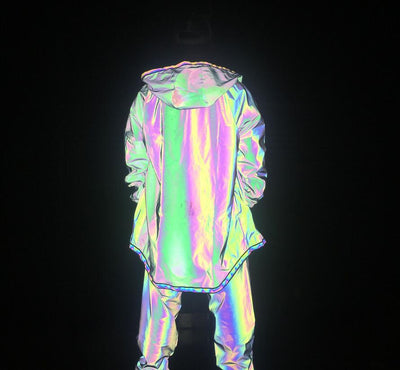 Rainbow Reflective Hooded Jacket, Men's Dancing Running High Visibility Zipper Noctilucent Coats, Men Hip Hop Fluorescent Clothing - kayzers