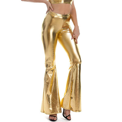 Sexy PU Leather Shiny Metallic Holographic Flare Pants, Women Girls Bodycon Elastic Waist Bell Bottom Trousers, Ravewear, Clubwear, Edm Flare Pants - kayzers