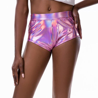 Shiny Metallic Sexy Holographic Shorts with Pockets, Wet look Booty Shorts For Rave Festivals Edm Clubs - kayzers