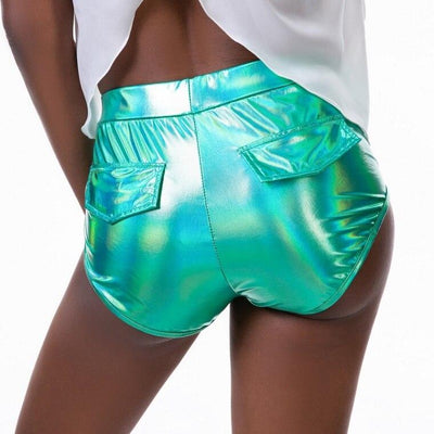 Shiny Metallic Sexy Holographic Shorts with Pockets, Wet look Booty Shorts For Rave Festivals Edm Clubs - kayzers
