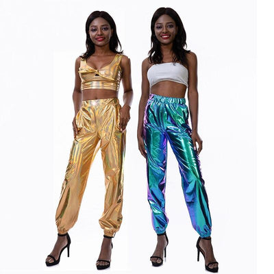 Casual Street Hip-Hop Metallic Pants, Shiny Hologram Laser Loose Pants, Party Wet Look Long Trousers, Women Holographic Bottoms Clubwear - kayzers