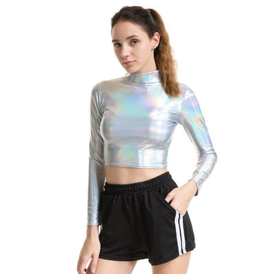 Women Metallic Liquid Turtleneck Long Sleeve Crop Top for Rave Club Dance, Wet Look Short Holographic T-shirt Cropped Top - kayzers