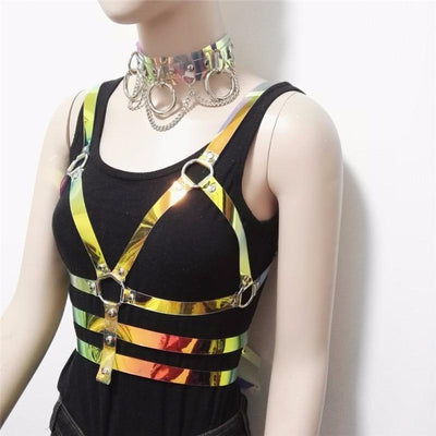 Women Laser Transparent Holographic PVC Strap Caged Bra Body Harness Belt - kayzers
