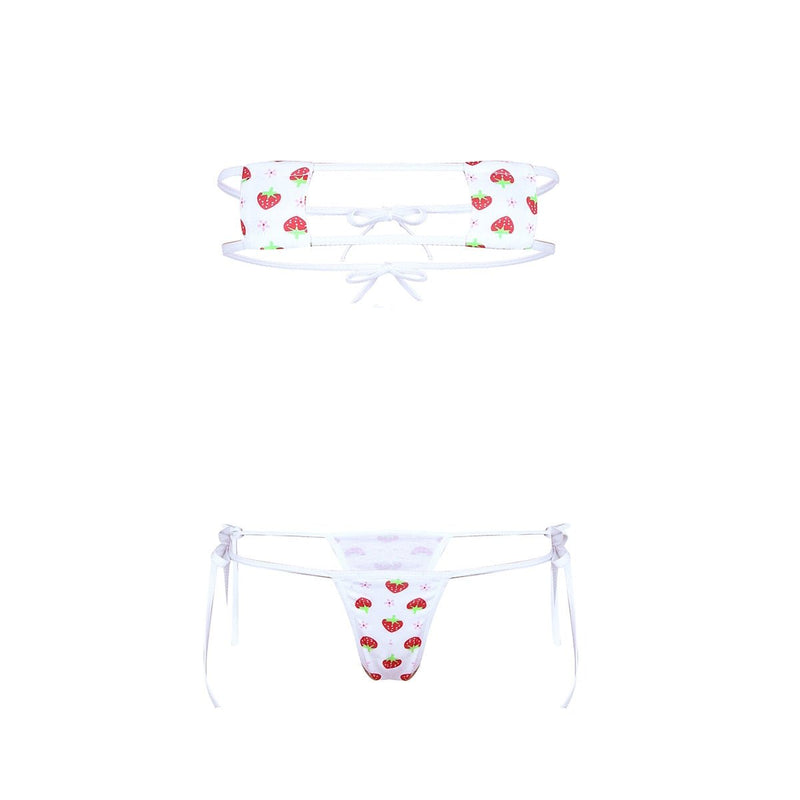 Womens Kawaii Anime Nightwear, Cute Strawberry Print Micro Bikini Lingerie Set, Mini Bra Top with G-String Erotic Stripper Bikini Set - kayzers